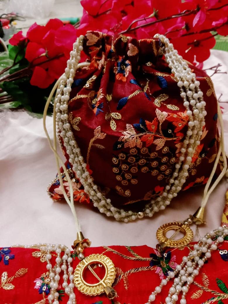 IGH Embroidered Silk Pouch Bag - Designer Women's Potli Clutch Purse with Handle for Festivals, Weddings & Special Occasions | Perfect Gift for Women, Brides & Party Accessories