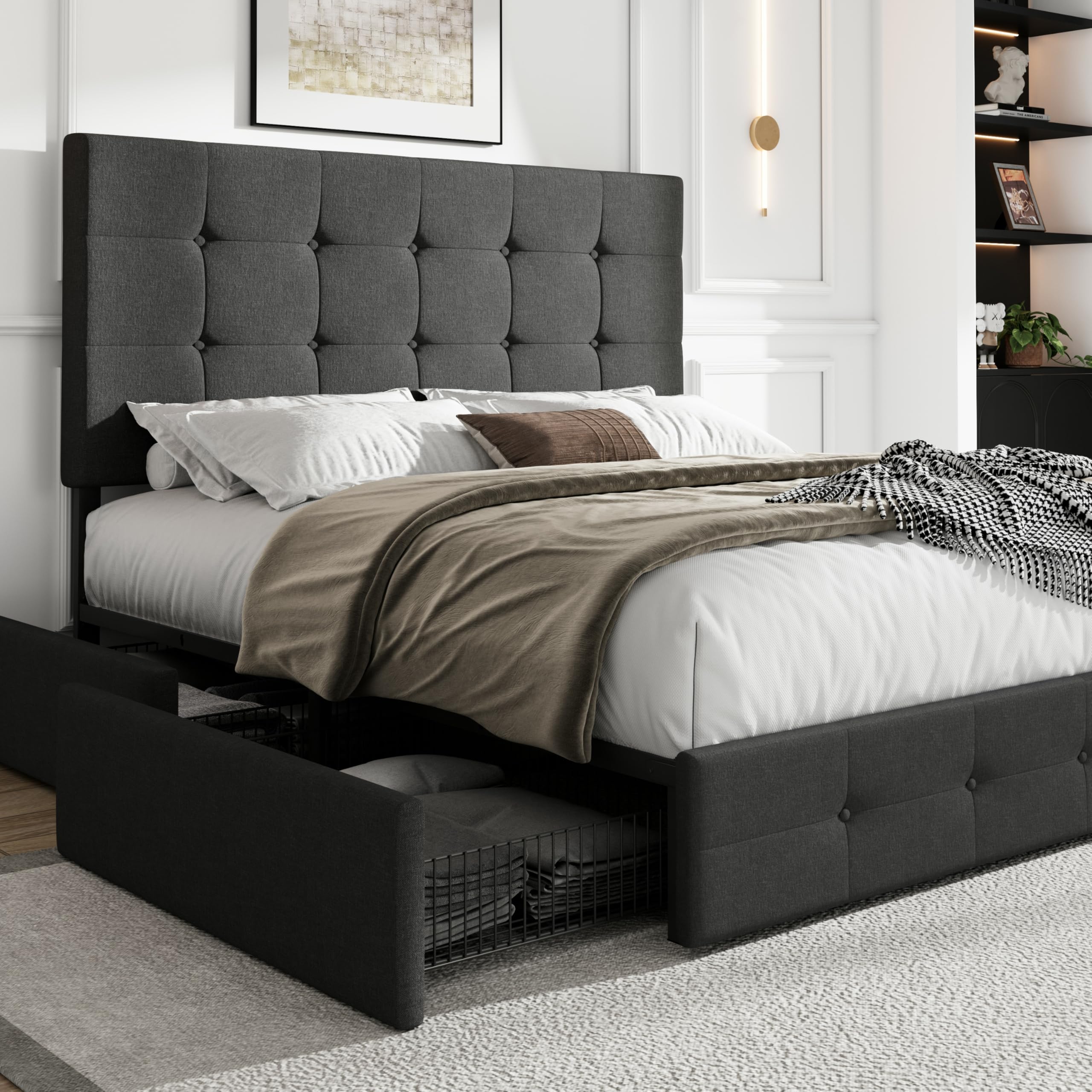 SHA CERLIN Full Size Upholstered Platform Bed Frame with 4 Storage Drawers - Adjustable Tufted Headboard, Wooden Slat Support, No Box Spring Needed - Dark Grey Modern Bedroom Furniture for Small Spaces & Guest Rooms