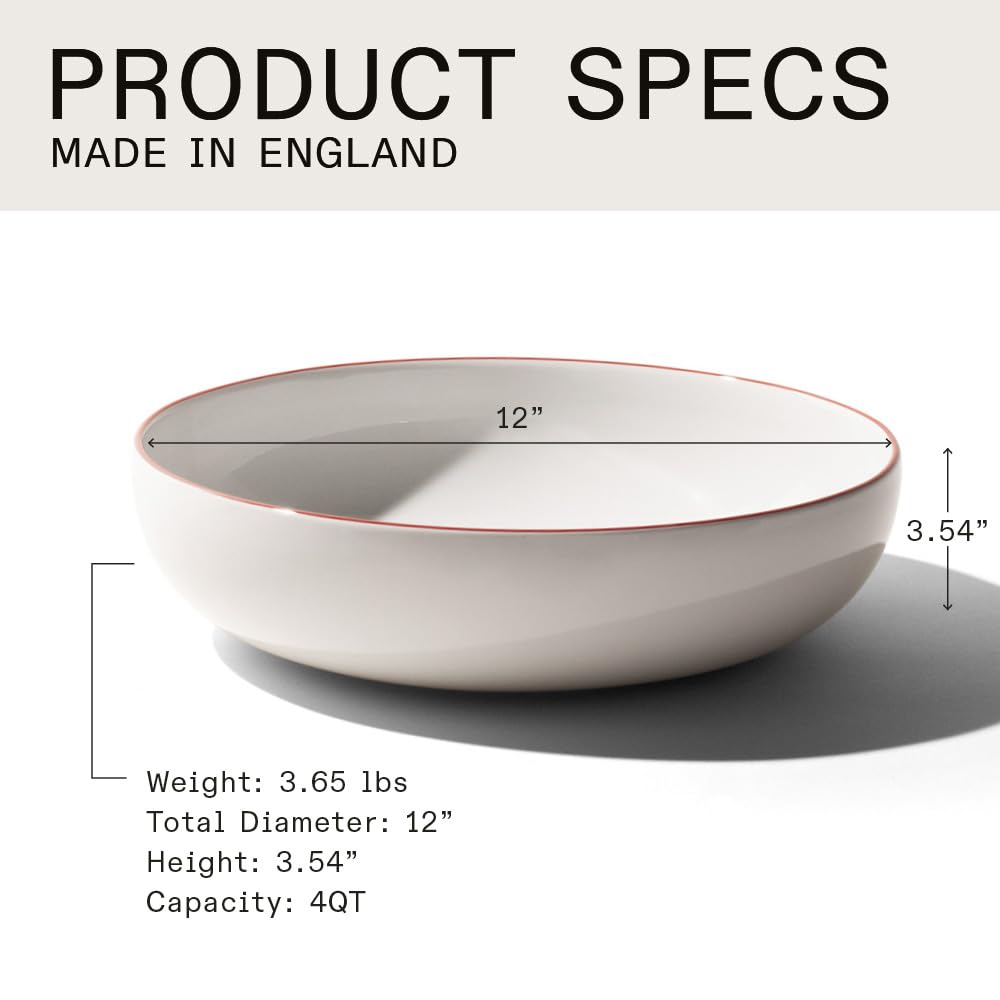 Premium Porcelain Serving Bowl - White with Red Rim - Made in England - Elegant Dinnerware for Entertaining & Special Occasions