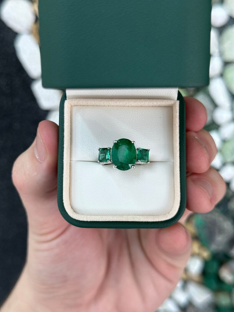 6.07tcw 14K Gold Natural Oval Cut Dark Green Emerald Trilogy 3 Stone Diamond Ring for Women - Elegant Wedding, Engagement & Anniversary Jewelry Gift