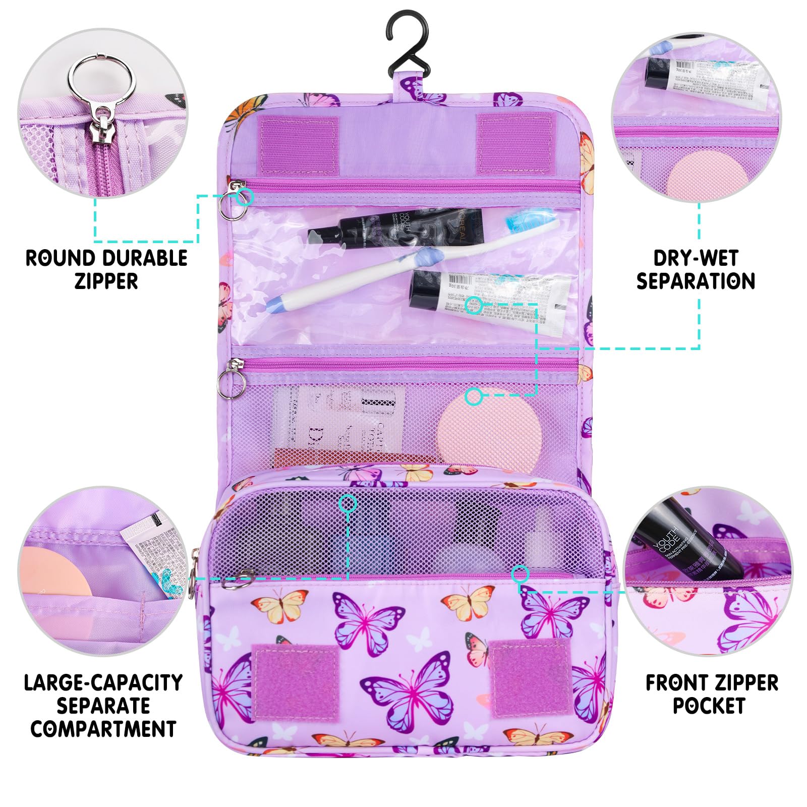Waterproof Hanging Toiletry Bag for Girls - Butterfly Purple Travel Cosmetic Organizer | Kids Wash Bag for Toddler Travel, School & Sleepovers | Portable Makeup Storage for Bathroom & Vacation