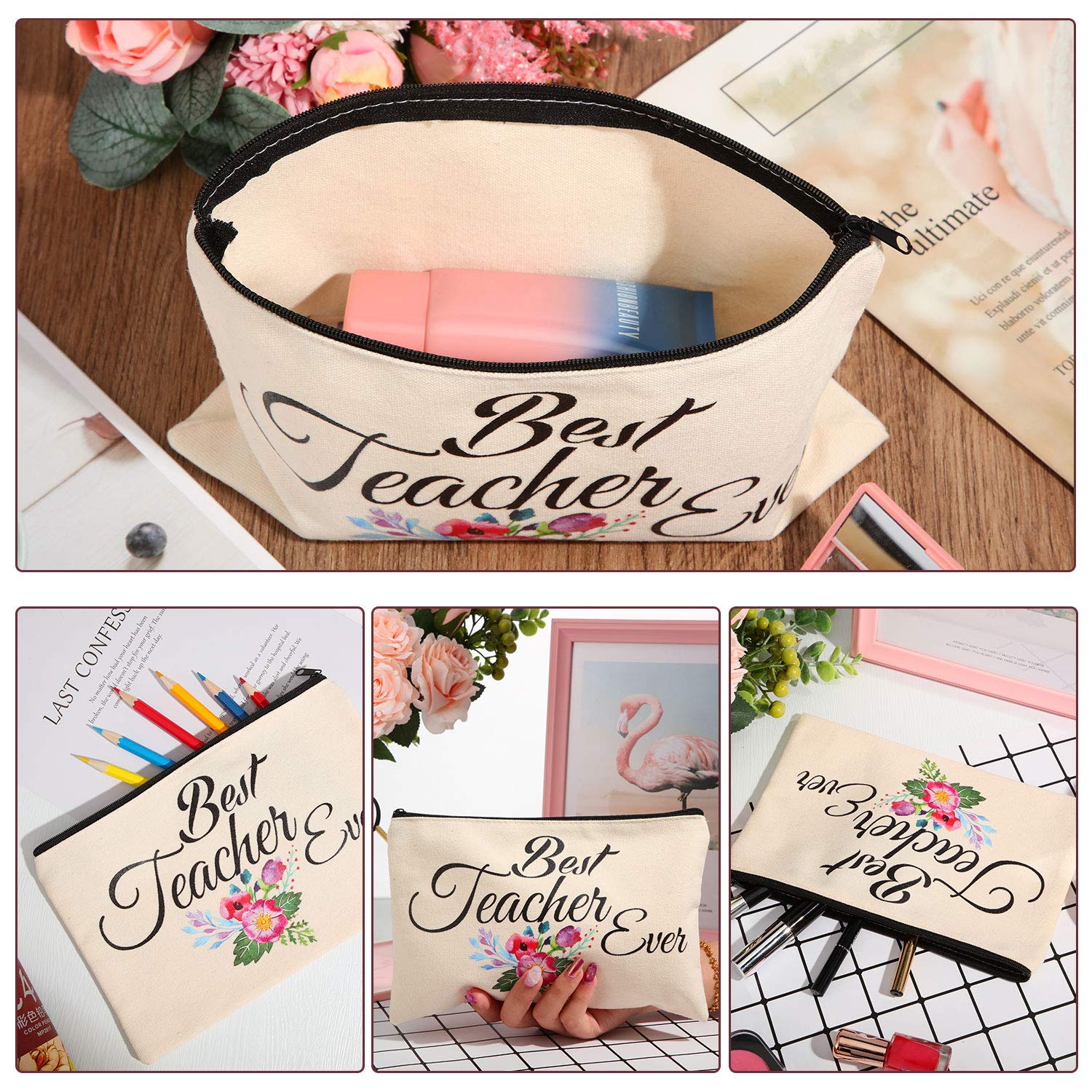 15-Piece Canvas Makeup Bag Set for Teachers - Cosmetic Pouch, Pencil Case & Travel Toiletry Organizer with Zipper - Perfect Teacher Appreciation Gift (3 Styles) - Great for School, Travel & Daily Organization