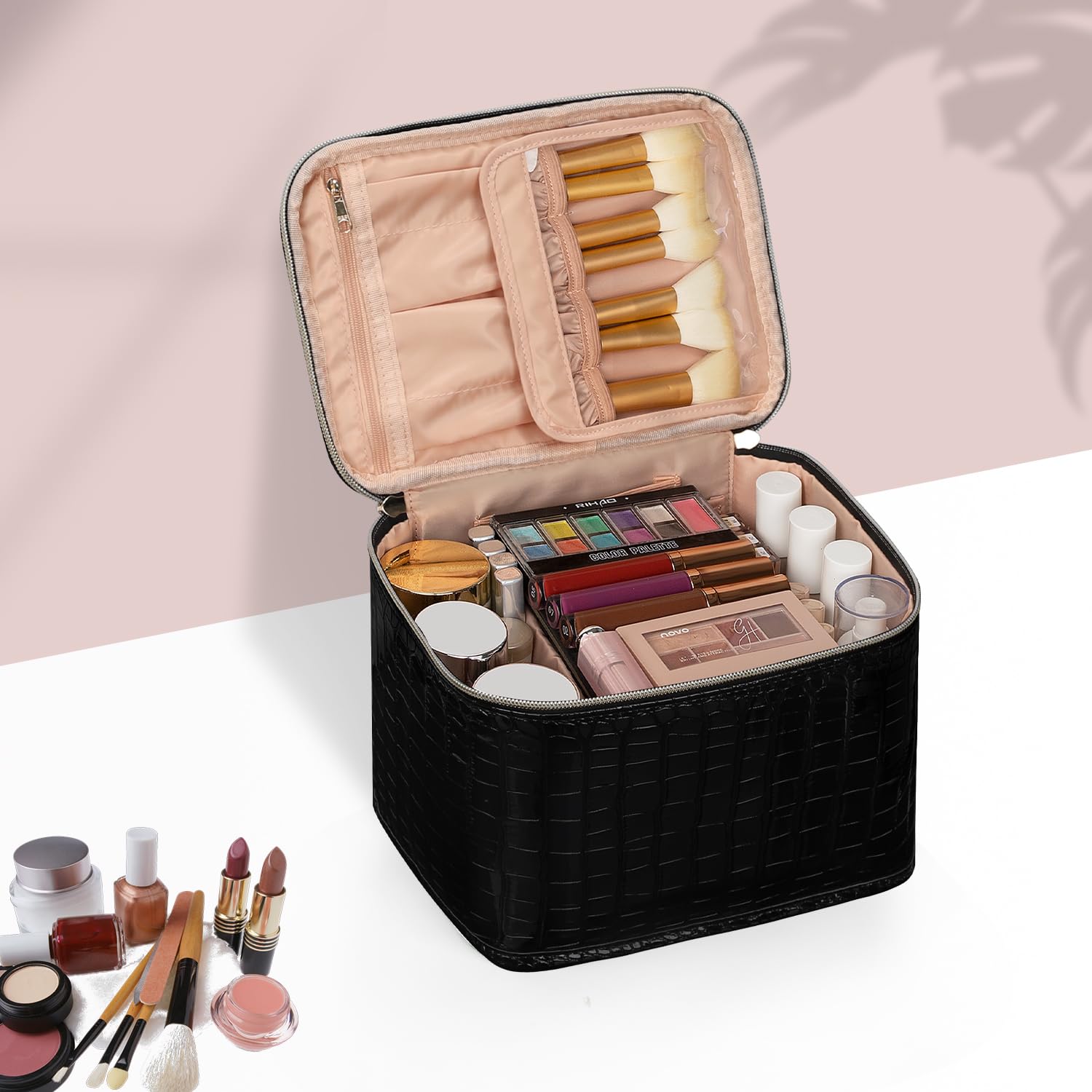 OCHEAL Large Travel Makeup Bag for Women - Waterproof Cosmetic Organizer with Dividers & Handle, Perfect for Toiletries, Brushes & Beauty Tools (Black) - Ideal for Vacation, Gym & Daily Use