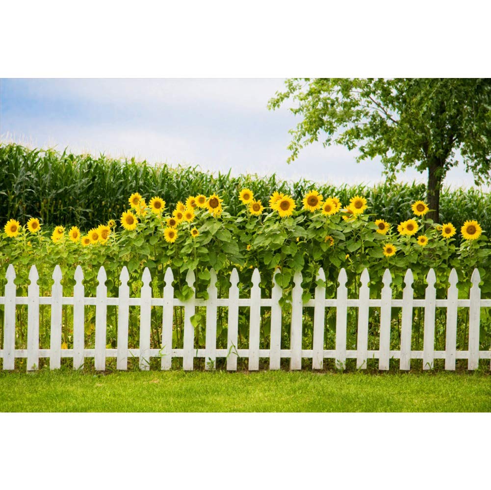 Baocicco 5x3ft Sunflower Garden Backdrop with Green Grassland & White Fence - Spring Wedding Photo Booth Background for Summer Holiday, Children & Adults Photography - Perfect for Outdoor Events, Baby Showers & Birthday Parties