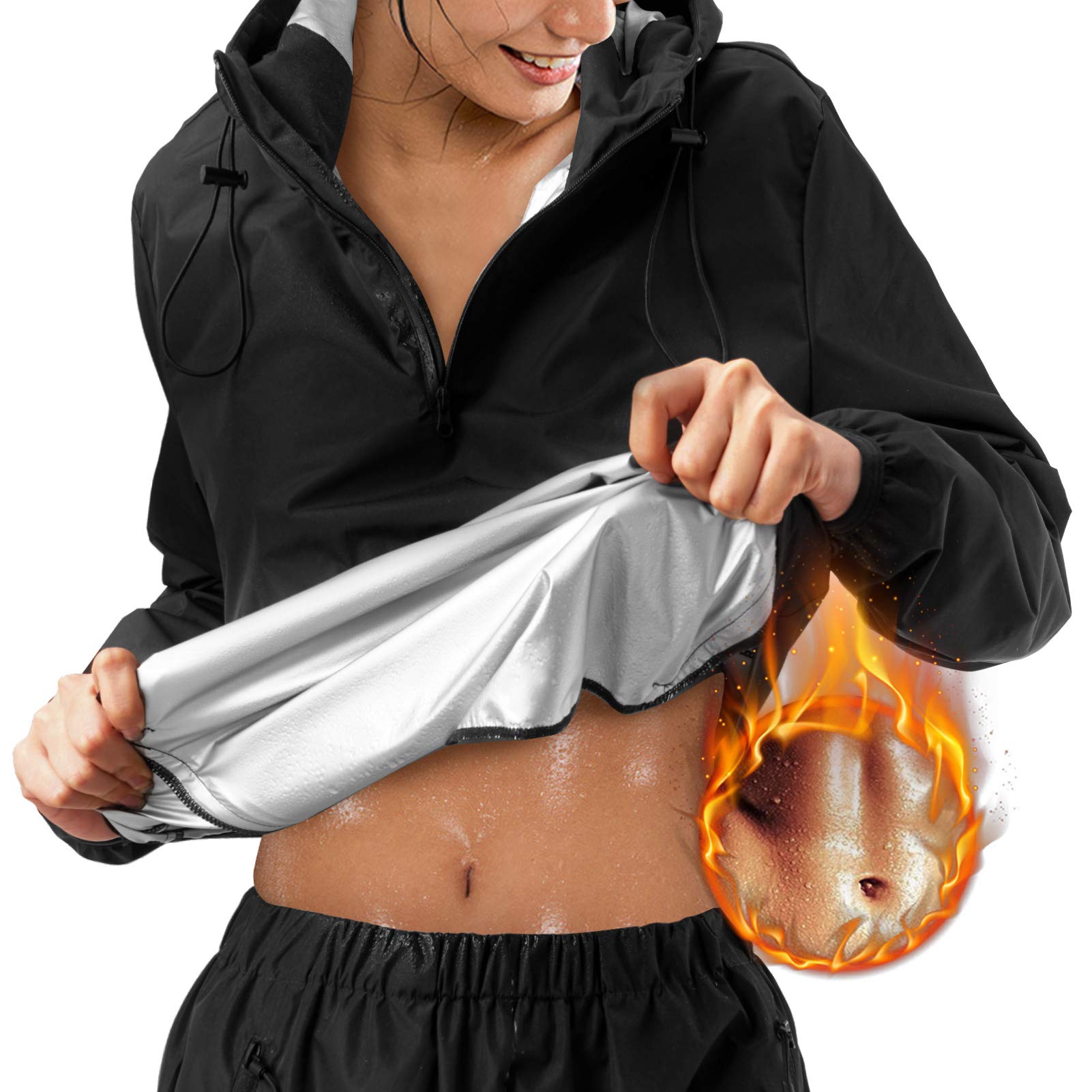 Women's Sauna Suit for Weight Loss - Half Zip Workout Running Jacket with Hood & Pockets | Hot Sweat Suit for Sauna, Exercise & Fitness Training