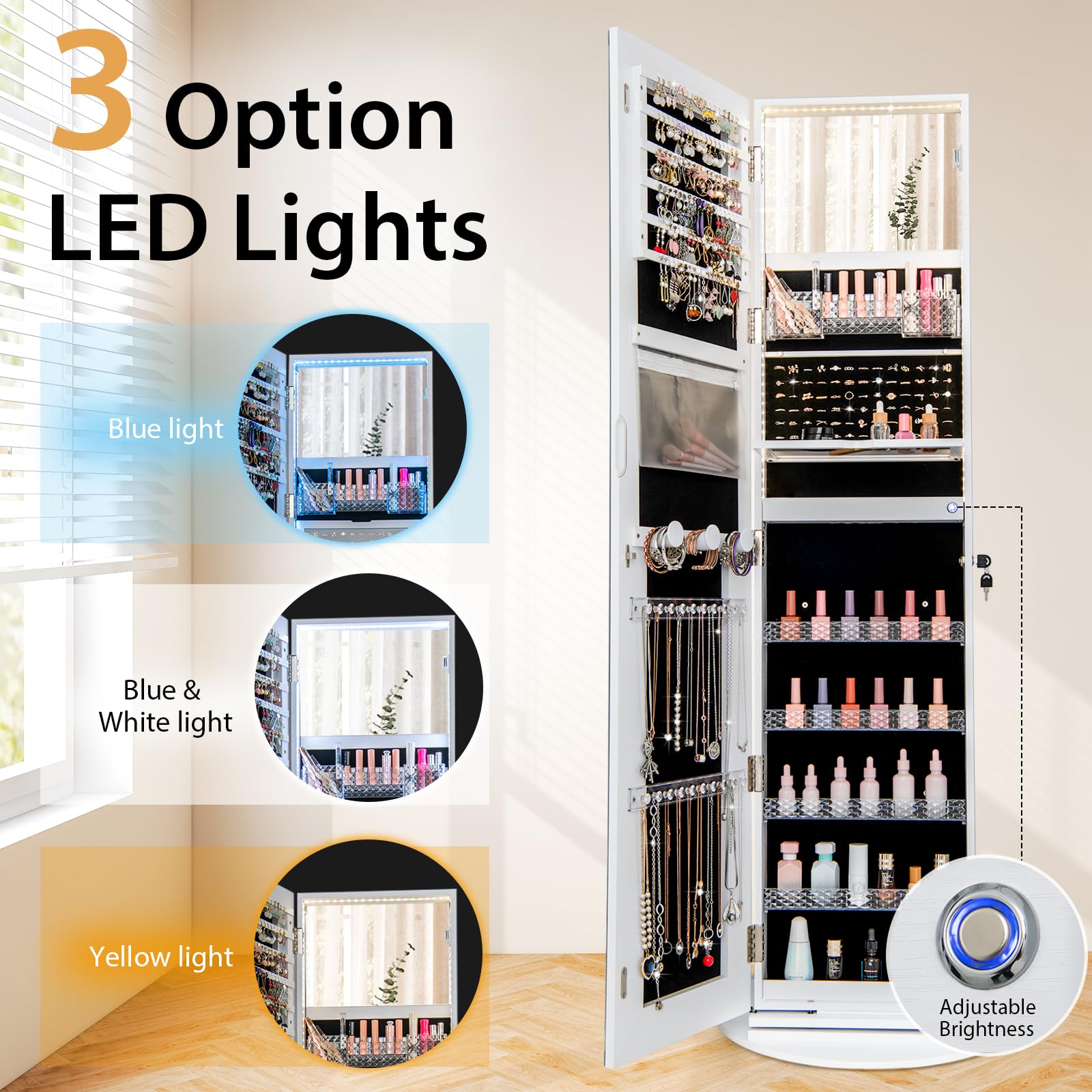 GOFLAME 360° Swivel Jewelry Cabinet with Full-Length Mirror - Jewelry Storage Organizer with LED Lights, Foldable Shelf & Interior Mirror - White | Perfect for Bedroom, Closet & Dressing Room Organization