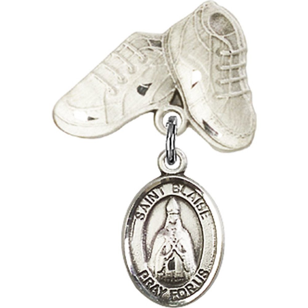 Bonyak Sterling Silver St. Blaise Charm Baby Badge & Boots Pin - 1 X 5/8 Inch Religious Jewelry for Baptism, Christening & First Communion Gifts