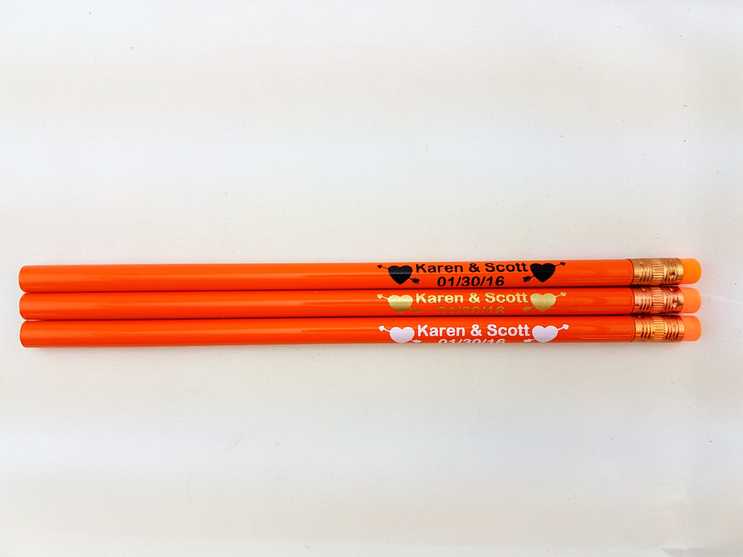 Personalized Wedding Announcement Pencils - Custom Two-Line Engraved with Heart Arrows - Orange Round Pencils with Eraser (12-Pack) - Perfect for Wedding Favors, Bridal Showers & Thank You Gifts