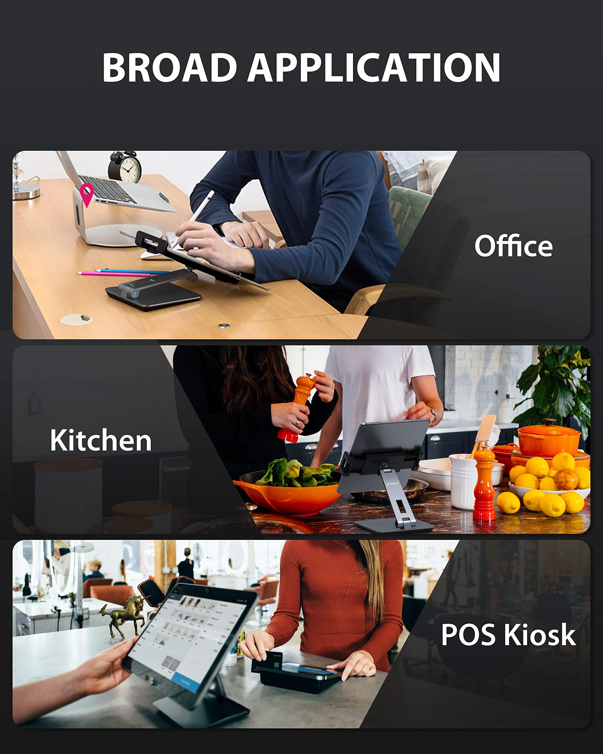 Maxonar Heavy-Duty Aluminum Alloy 360° Swivel Foldable iPad Stand Holder for iPad Pro/Air (6-13 Inch) - Adjustable Tablet Stand for Desk, Bed, Kitchen, Office, Store POS & Reception - Space Grey - Perfect for Work, Study, Video Calls & Digital Displays