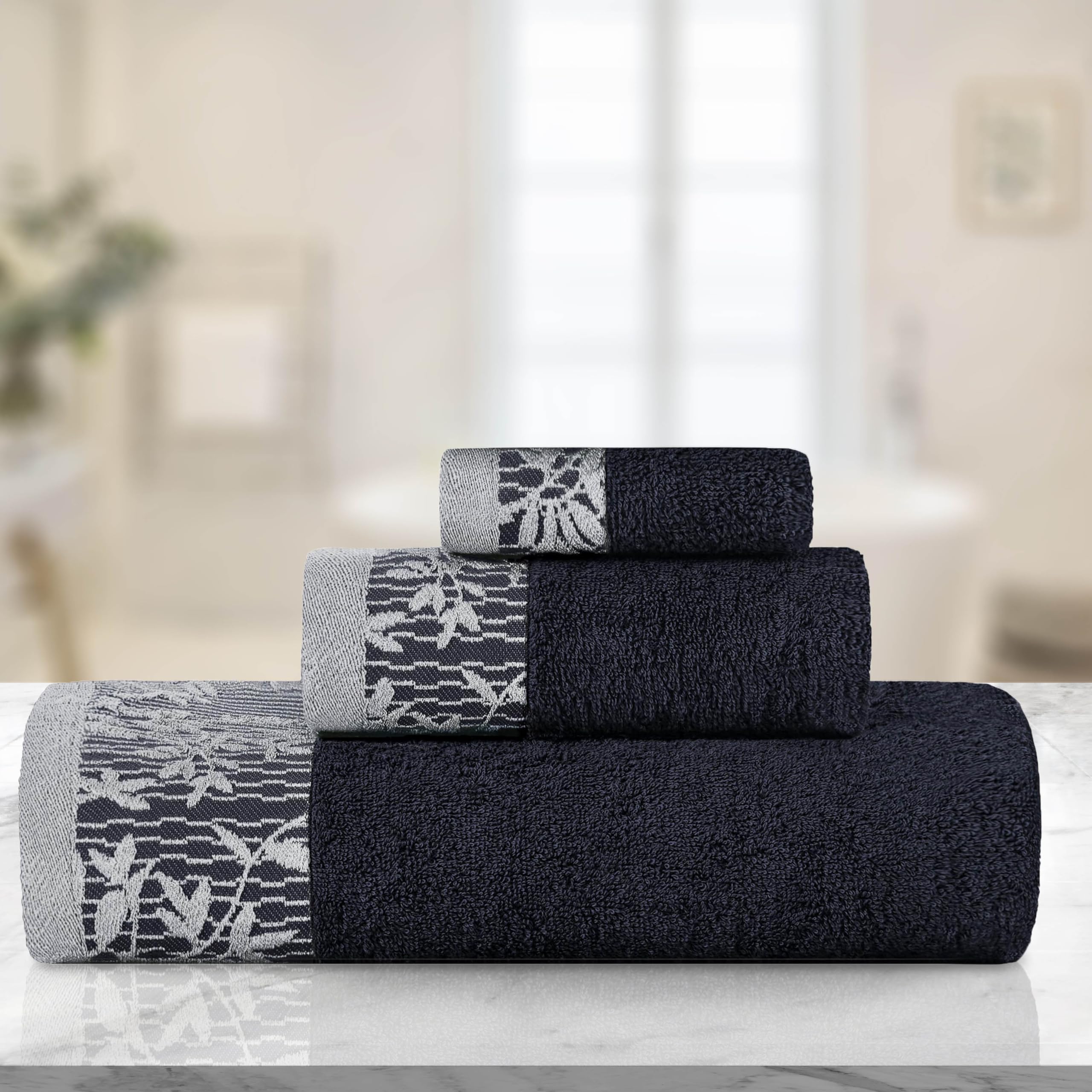 Premium 3-Piece Cotton Towel Set - Floral Jacquard Dobby Trim, Ultra Soft & Quick-Drying Bath Towels for Bathroom, Shower & Spa | Includes Body Towel, Hand Towel & Washcloth | Wisteria Collection in Black | Perfect for Luxury Bathrooms, Guest Rooms & Spa Days