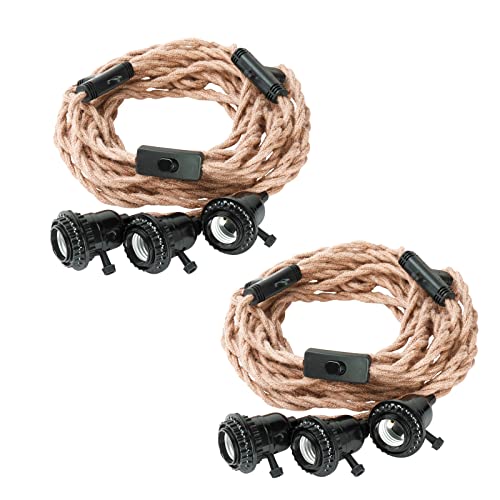 Simple Deluxe 27FT Triple Bulb Hemp Rope Pendant Light Cord with Independent Switch - E26 Socket Hanging Lamp Fixture for Industrial Retro DIY Decor - Perfect for Dining Room, Kitchen Island, Bar, and Bedroom Lighting