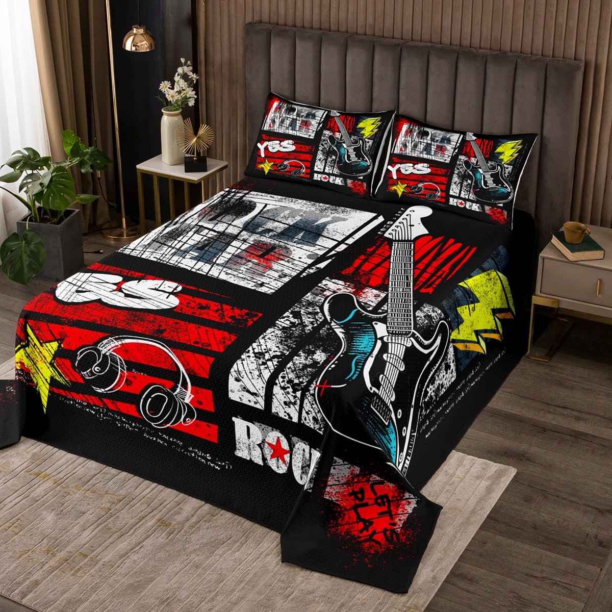 Manfei Rock Roll Twin Size Bedspread Set - Guitar & Headset Print Quilted Coverlet with Pillowcase | Music Themed Oversized Bedding for Kids & Teens | Perfect for Boys/Girls Bedroom Decor, Music Lover Gifts & Dorm Room Essentials