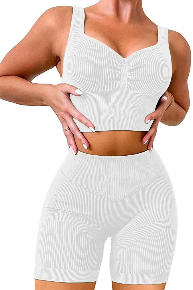 OLCHEE Women's 2-Piece Workout Set - Seamless Ribbed Acid Wash Yoga Outfits with Shorts & Sports Bra | Matching Gym Clothes for Yoga, Pilates & Fitness Training