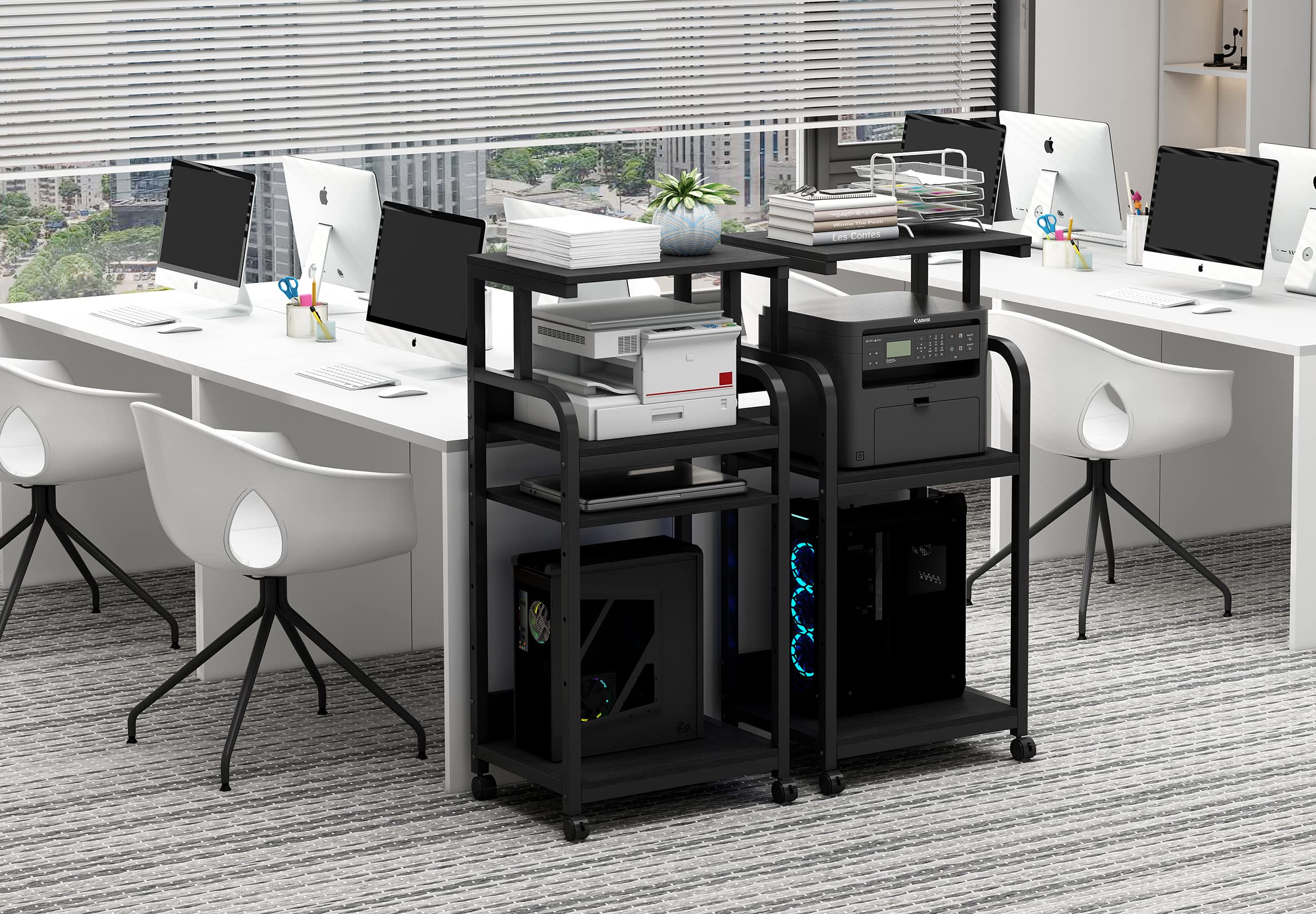 Adjustable 4-Tier Printer Stand with Wheels - Large Tall Rolling Cart for Home Office Storage, Computer Tower, CPU & Shredder Organization (Black) | Perfect for Small Spaces & Workspace Organization