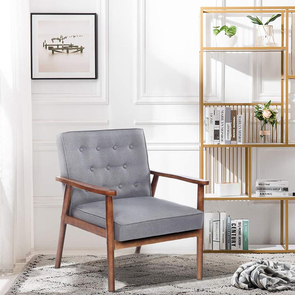 Mid-Century Modern Accent Chair - Retro Fabric Upholstered Wooden Lounge Chair for Living Room, Bedroom & Office - Comfortable Reading & Relaxation Chair