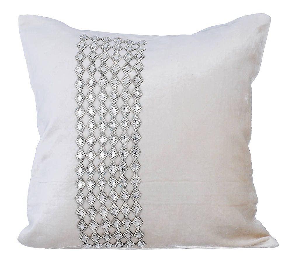 White Linen Throw Pillow Covers 16x16 Inch (40x40 cm) - Decorative Rhinestone Accent Pillows for Sofa, Bed & Living Room | Modern Zippered Cushion Covers | HomeCentric Collection