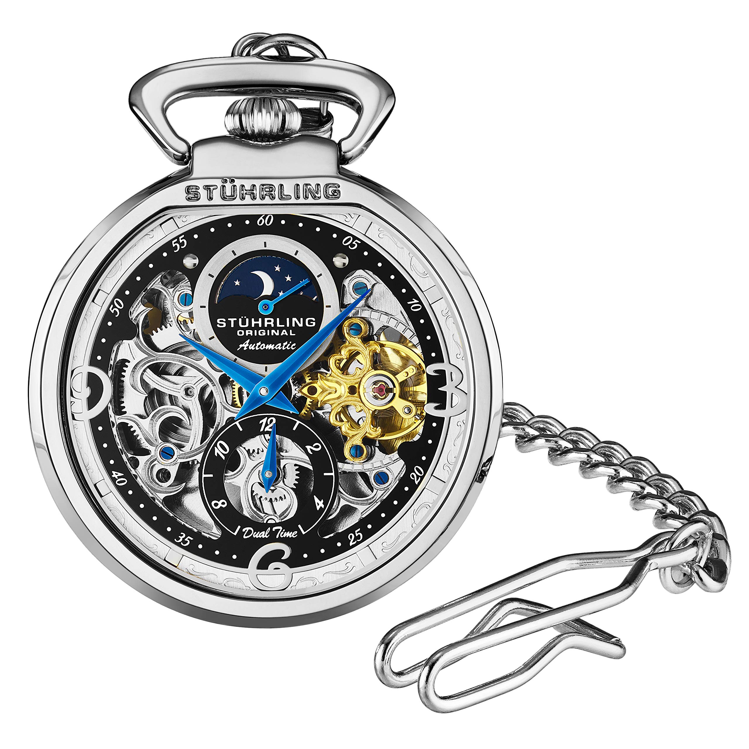 Stuhrling Original Men's Automatic Skeleton Pocket Watch - Gold Mechanical Watch with Belt Clip & Stainless Steel Chain - Dual Time AM/PM Subdial - Perfect for Formal Events, Vintage Style Collectors & Gift Giving