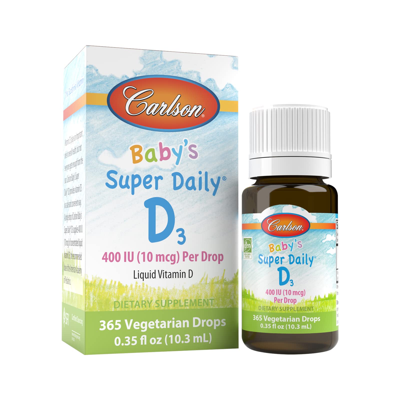 Carlson Labs Baby's Super Daily D3 Drops, 400 IU Vitamin D3 Supplement for Infants (10 ml) - Supports Healthy Bone Development & Immune System - Perfect for Breastfed Babies & Daily Nutrition