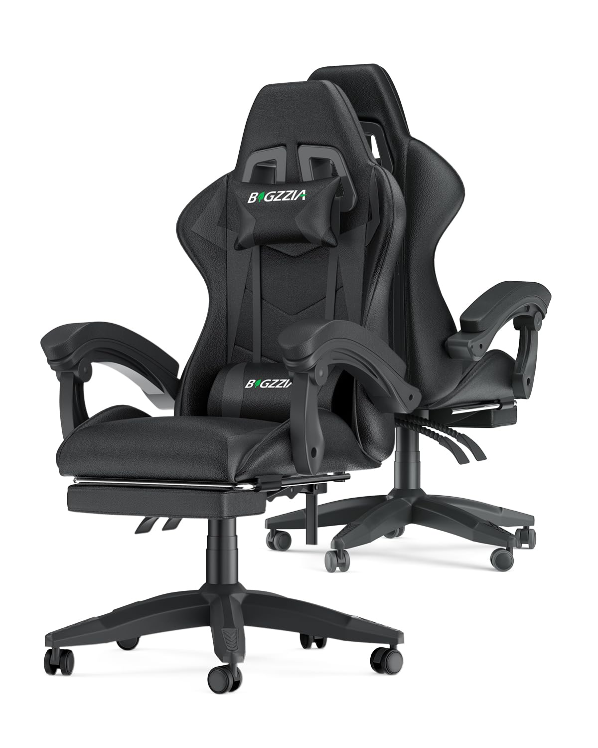 Bigzzia Ergonomic Gaming Chair with Footrest - Adjustable Height, Reclining Racing Style Office Chair with Headrest & Lumbar Support, 360° Swivel - Perfect for PC Gaming, Home Office & Esports (Black)