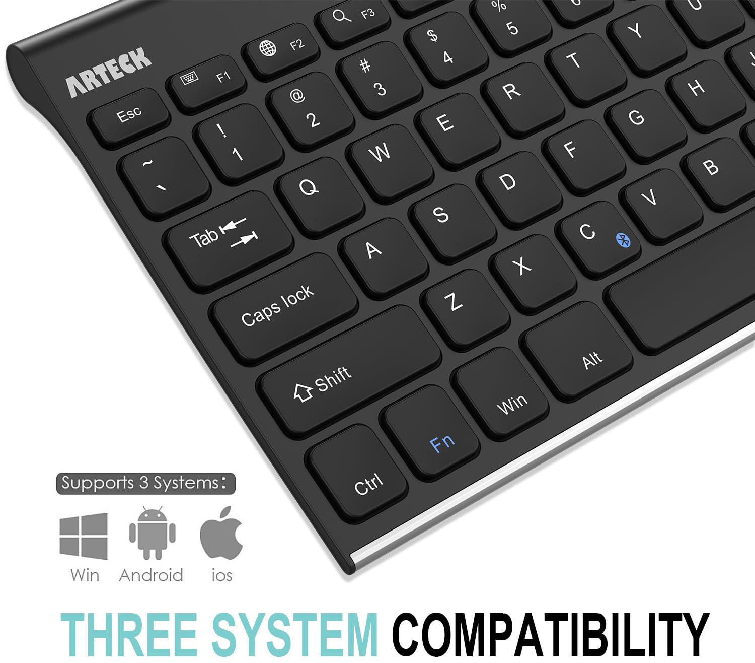Arteck Universal Wireless Bluetooth Keyboard - Stainless Steel, Rechargeable, Compatible with iOS iPad Air/Pro/Mini, Android, Windows Tablets & Smartphones | Portable for Home, Office & Travel Use