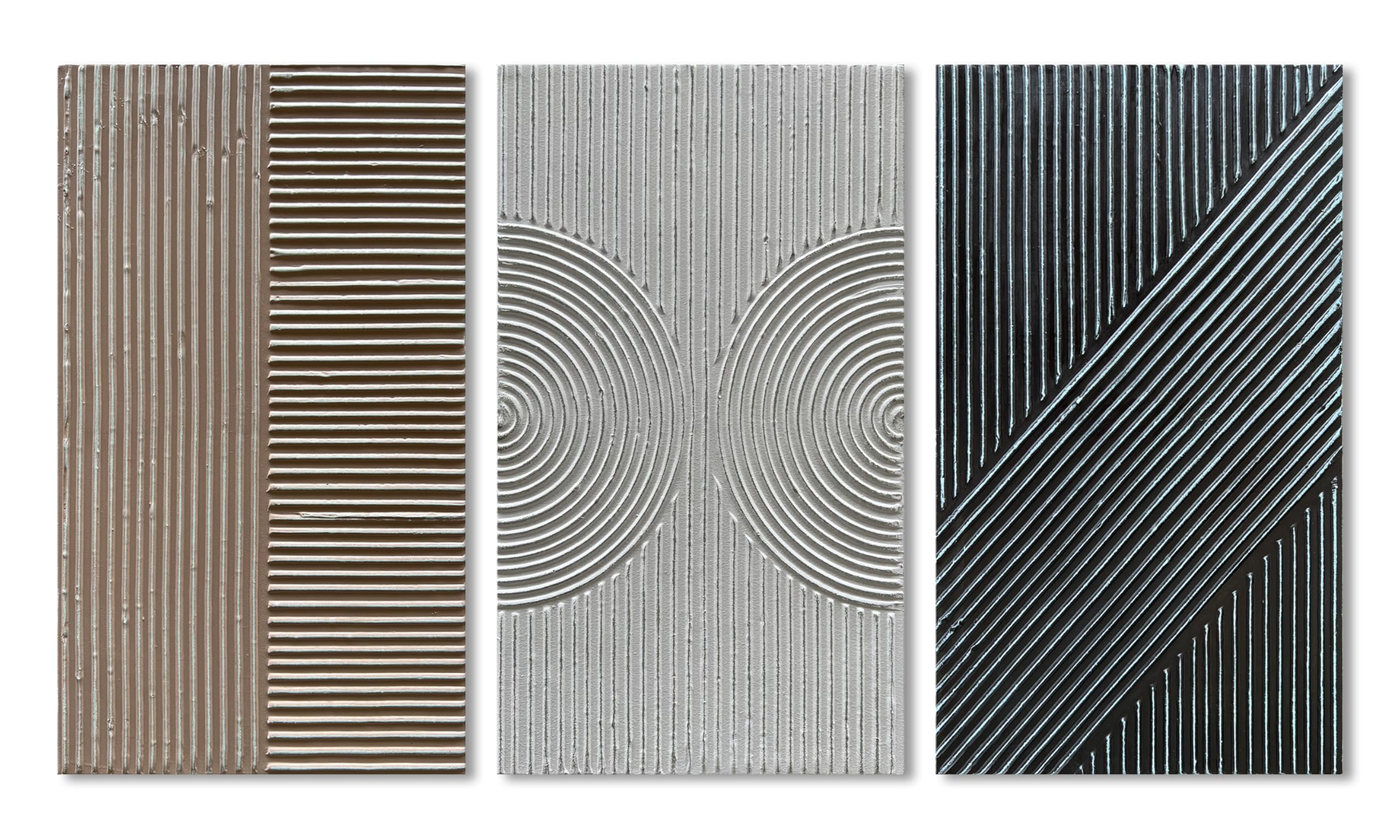 Hand-Painted Abstract Oil Painting - White, Black & Brown Texture - Contemporary Minimalist Wall Art - 28x16 Inch Set of 3 - Perfect for Living Room, Bedroom & Office Decor