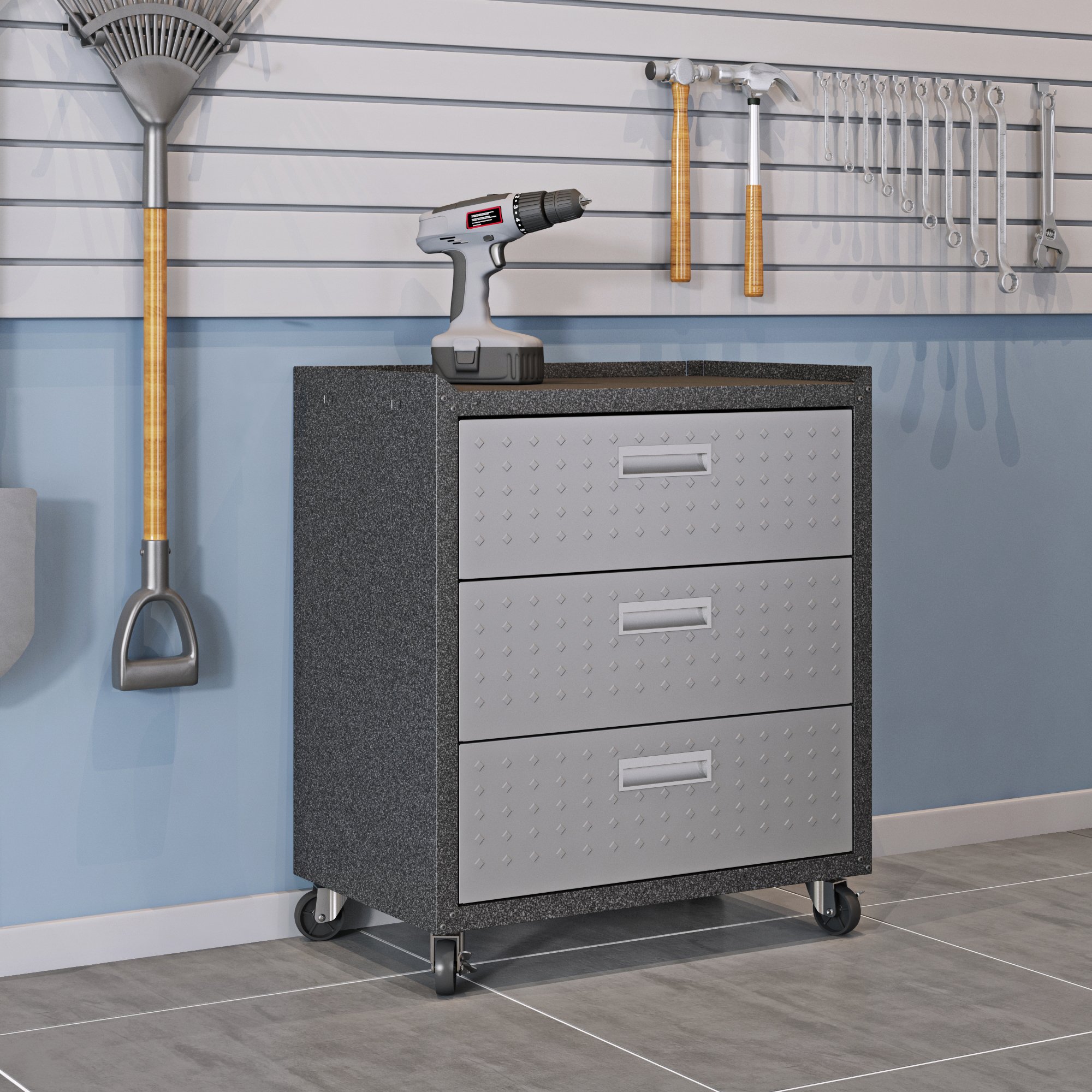 Manhattan Comfort Fortress Collection Durable Mobile Garage Chest - Heavy-Duty Storage for Tools & Supplies, Dark Charcoal Gray/Silver - Perfect for Workshop, Garage & Home Organization