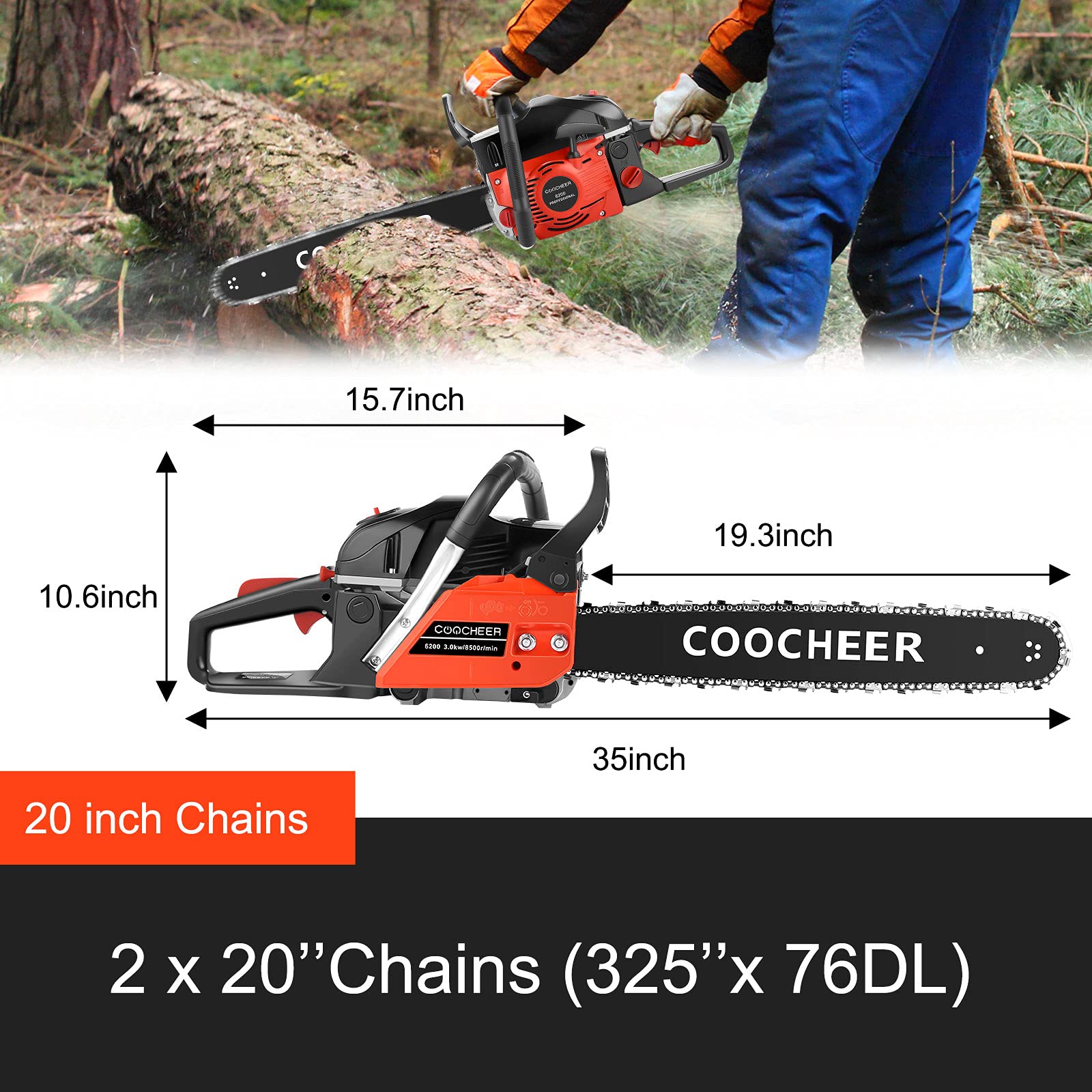COOCHEER 20 Inch 62cc Gas Chainsaw - 3.5HP 2-Cycle Petrol Chainsaw with 2 Chains for Tree Cutting, Wood Chopping & Firewood Preparation - Perfect for Landscaping, Yard Work & Forestry Maintenance