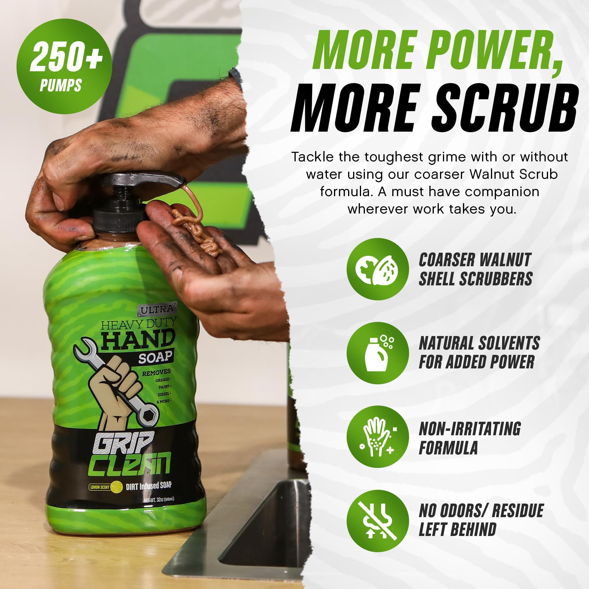Grip Clean Ultra Heavy Duty Hand Cleaner for Auto Mechanics - Walnut Scrub Exfoliating Waterless Hand Soap | Removes Grease, Oil, Paint & Tough Dirt | Lemon Scented | Ideal for Garage, Workshop & DIY Projects
