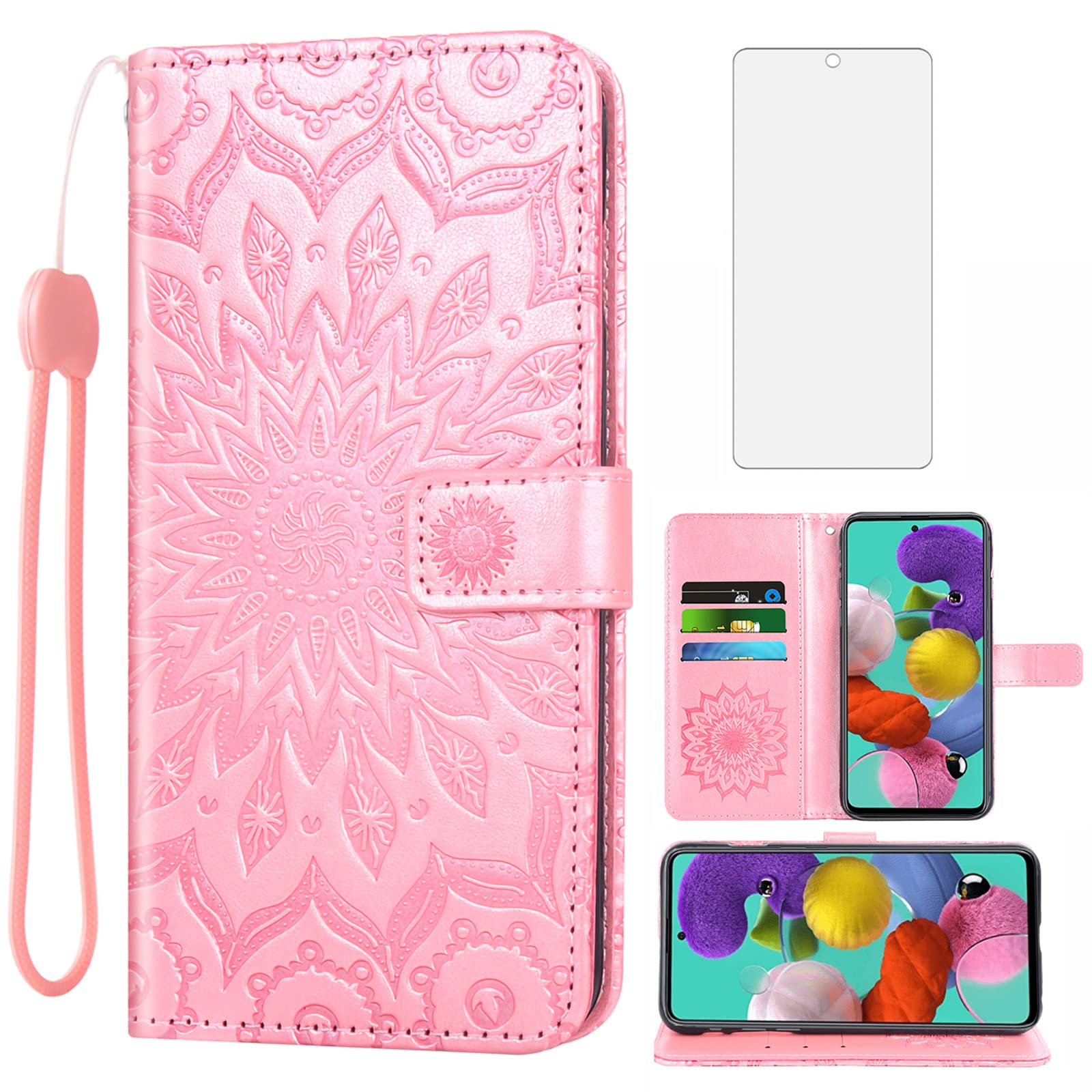 Samsung Galaxy A51 4G Wallet Case with Tempered Glass Screen Protector - Leather Flip Cover with Card Holder & Stand - Rose Gold Phone Case for Women (Compatible with Galaxy A51 A515F/M40S) - Perfect for Work, Travel and Everyday Protection