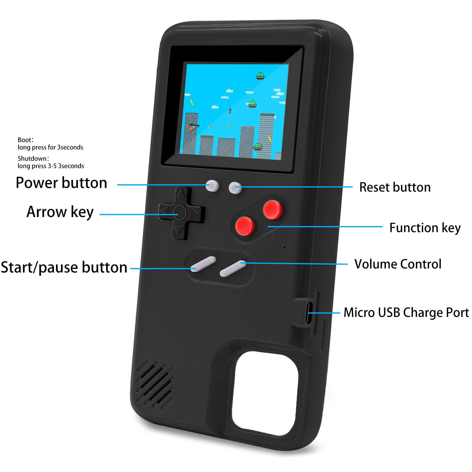 LucBuy Retro Game Console Case for iPhone 12 Pro Max - Self-Powered Protective Cover with 36 Classic Games, Full Color Display & Shockproof Bumper (Black) - Perfect for Gaming On-The-Go & Travel Entertainment