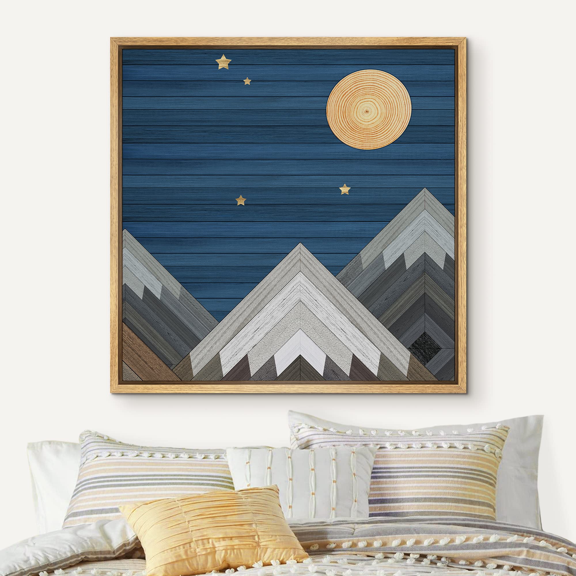 IDEA4WALL Framed Canvas Print - Western Decor Wood Block Night Moon Sky Mountain Range Nature Wilderness Art - Modern 16