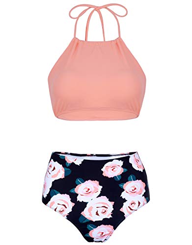 Verano Playa Women's Floral Print High Neck Bikini Set - Two Piece Halter Swimsuits with Wave Edge Design | Perfect for Beach Vacations, Pool Parties & Summer Getaways