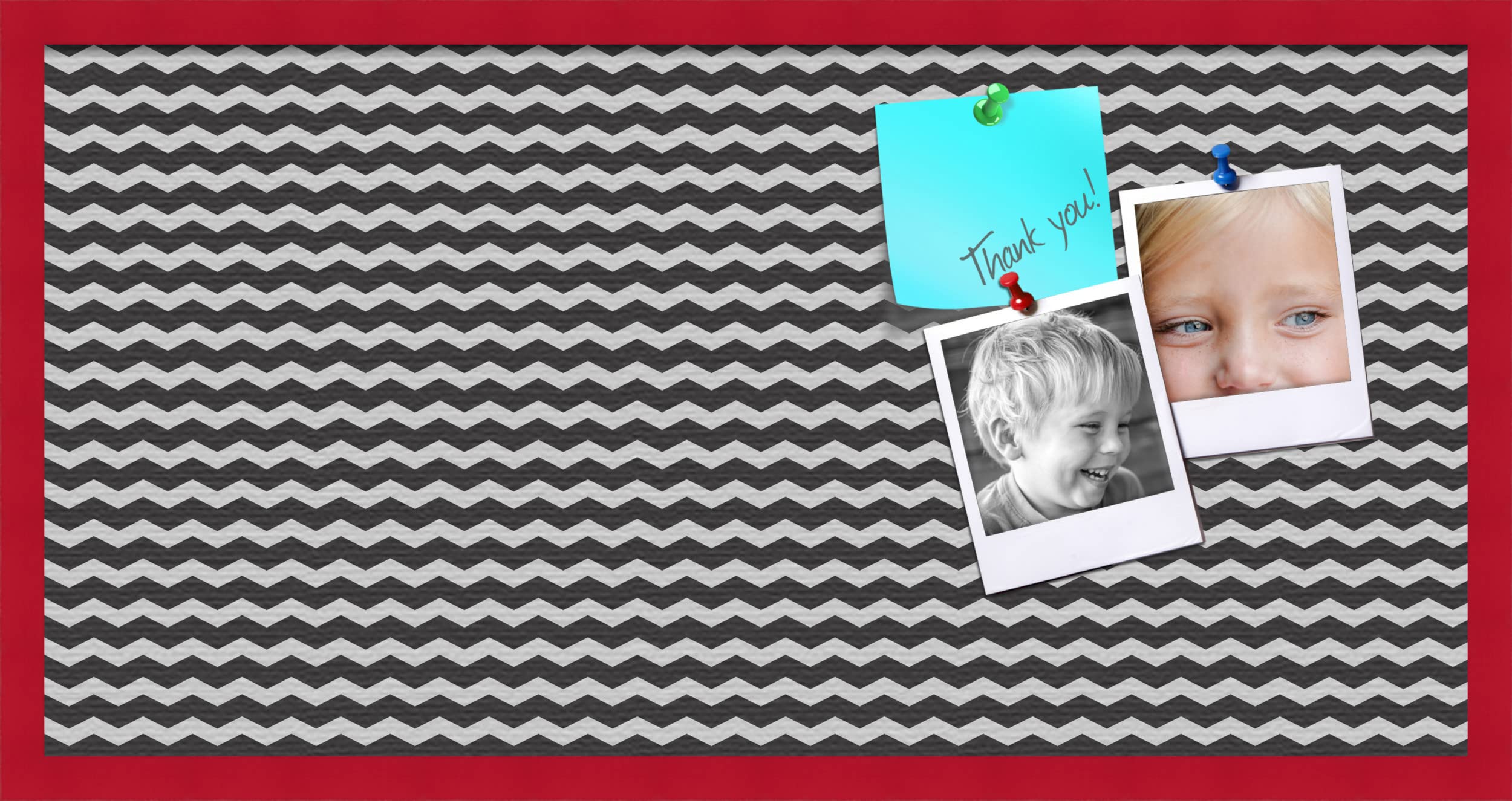 PinPix 36x18 Inch Cork Bulletin Board with Black & White Chevron Design - Red Stained Beech Frame - Perfect for Home Office Decor, Message Board & Wall Organization (PinPix-118) | Great for Notes, Photos, Reminders & Office Organization