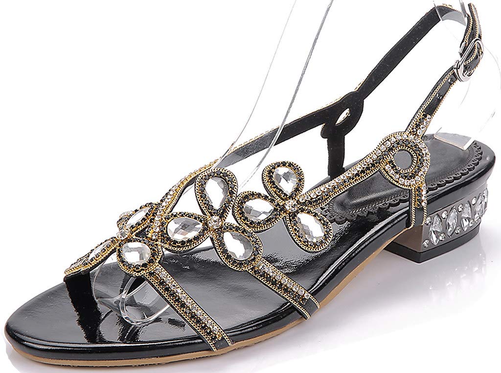 LizFoYa Women's Floral Flat Sandals - Rhinestone Slingback Strap Open Toe Beach Sandals for Summer Vacation, Wedding, Party & Casual Outfits