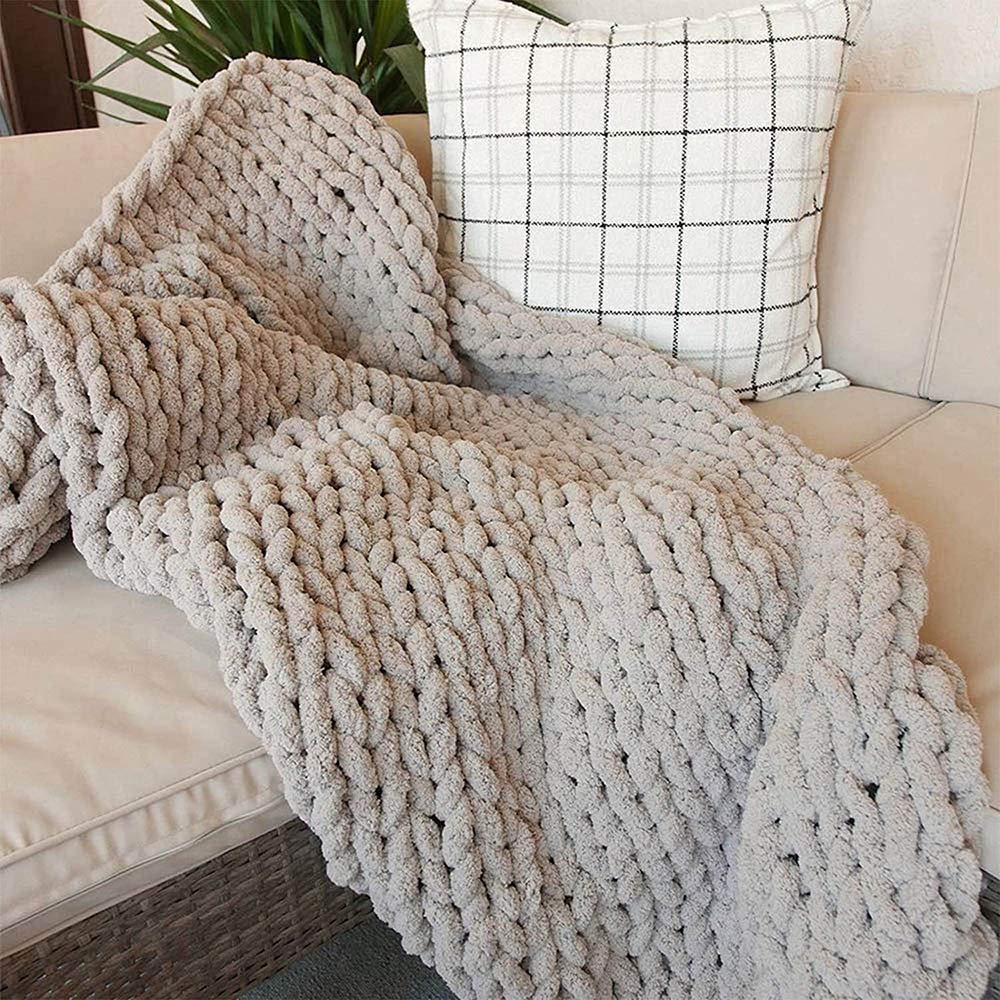 Handmade Chenille Throw Blanket - Ultra Soft Chunky Knit Blanket for Adults | Cozy Weighted Blanket with Luxury Cable Knit Design | Perfect for Bed, Sofa, Chair, Yoga & Meditation (120x150cm, Beige)