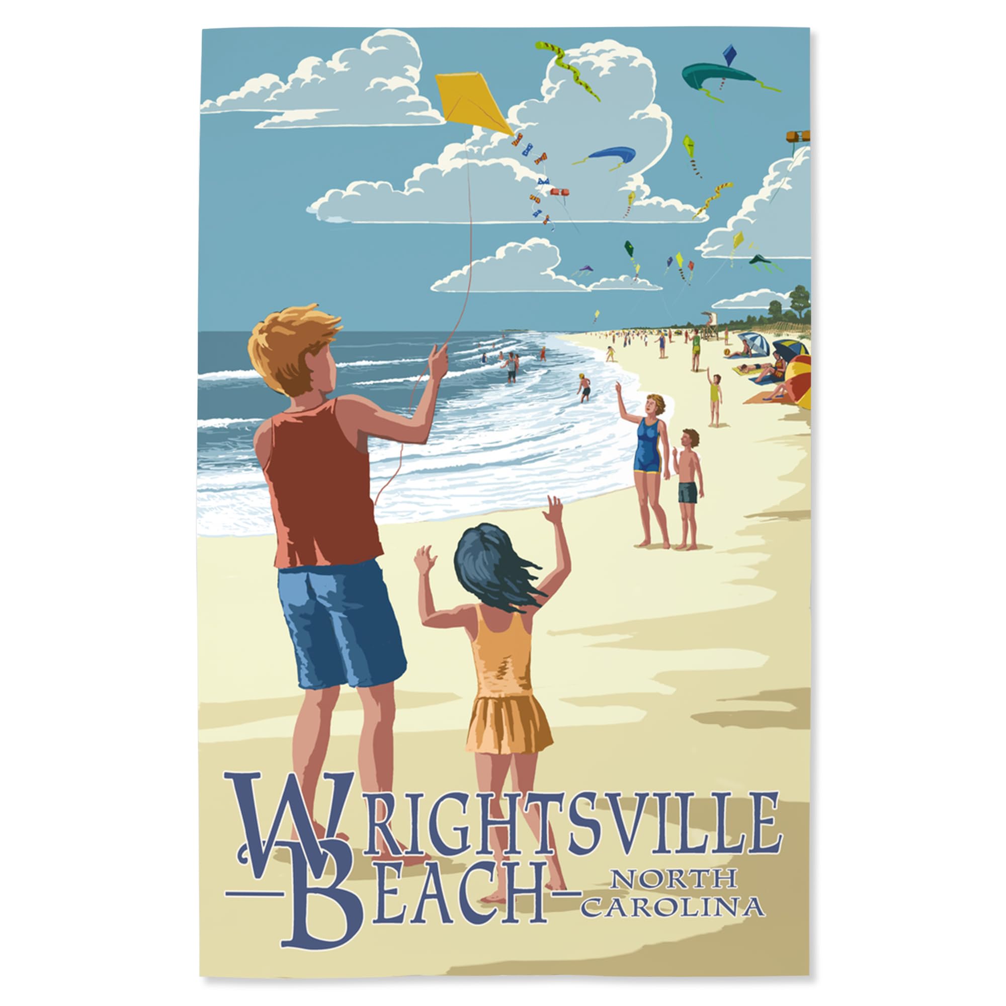 Lantern Press 16x24 Inch Giclee Art Print - Wrightsville Beach North Carolina Coastal Landscape with Kite Flyers - Wall Decor for Living Room, Bedroom & Office