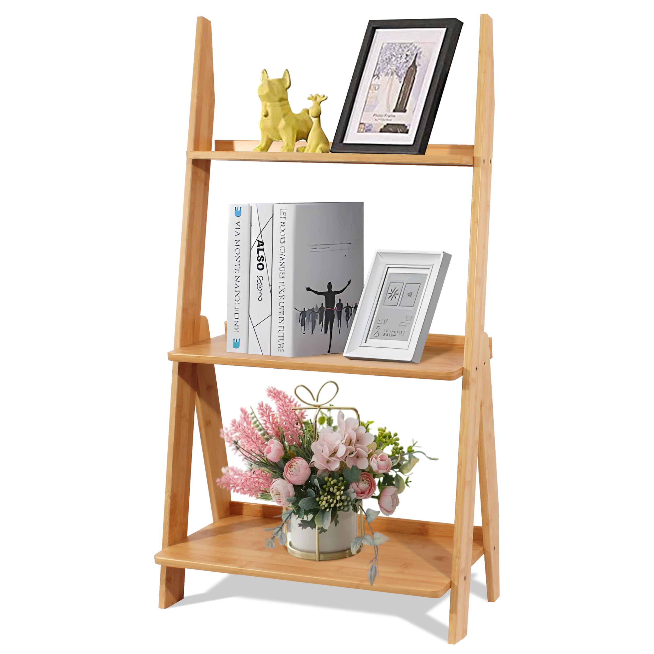 DOUSY 3-Tier Bamboo Ladder Shelf - Leaning Bookcase & Storage Rack for Living Room, Kitchen, Bathroom, Home Office - Natural Color Trapezoid Shelf for Books, Plants & Home Decor