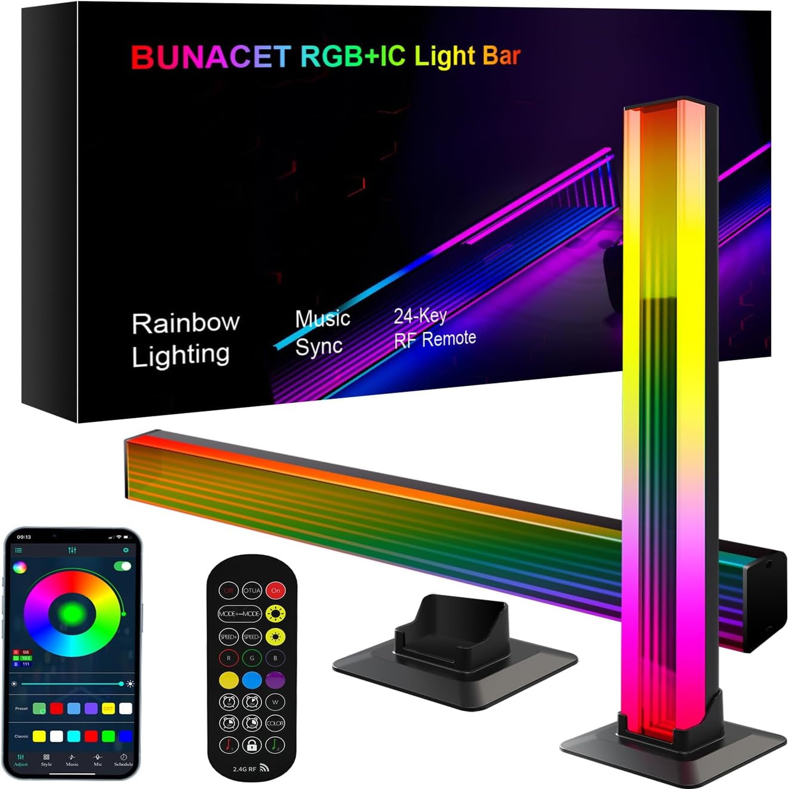 Eukee 2-Pack RGB IC LED Light Bars with Music Sync & App Control - Smart Flow Lighting for PC, TV, Room Decor - Perfect for Gaming Setups, Home Theater & Bedroom Ambiance
