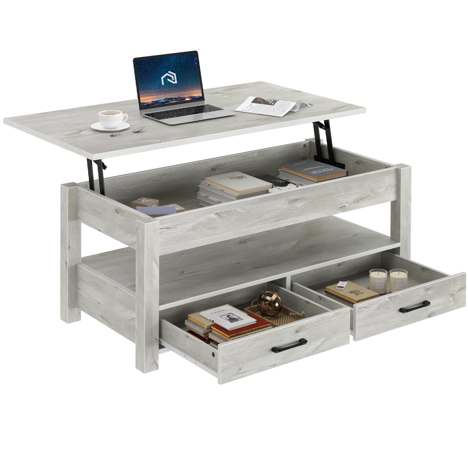Rolanstar Lift Top Coffee Table with Drawers & Hidden Storage - Solid Wood Lift-Top Living Room Table, Grey - Perfect for Small Spaces, Home Office & Cozy Living Rooms