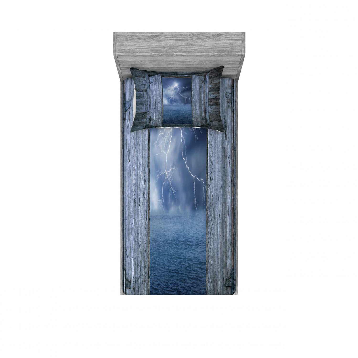 Ambesonne 2-Pack Twin Fitted Sheet & Pillow Sham Set - Thunder Bolt at Night Ocean Theme, Blue Grey 4-Piece Bedding Set (2 Fitted Sheets + 2 Pillow Covers) | Perfect for Kids Rooms, Beach House Decor & Coastal Themed Bedrooms