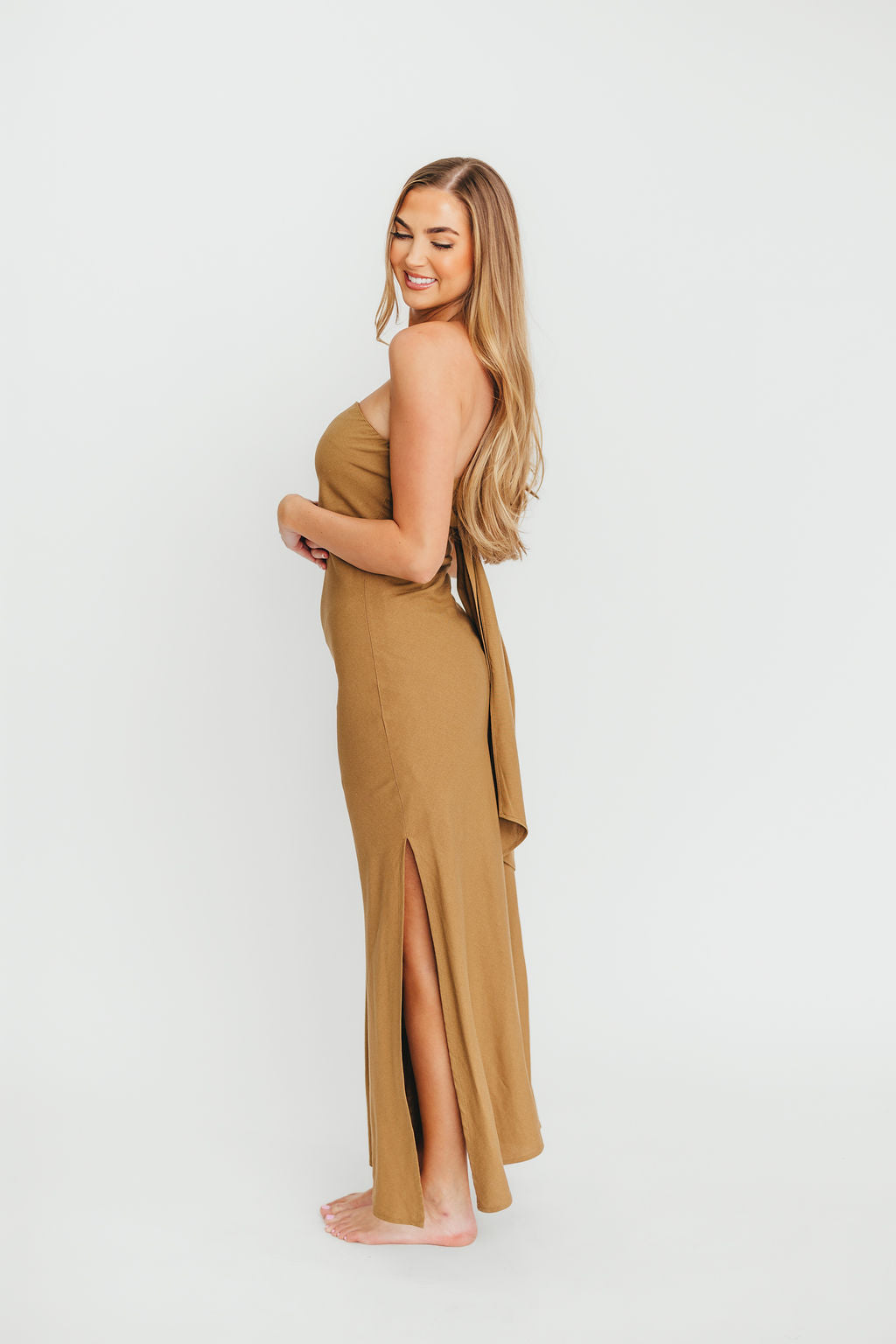 Naidelyn Strapless Maxi Dress in Golden Palm - Elegant Beach Wedding Guest Dress for Summer Vacations & Tropical Parties