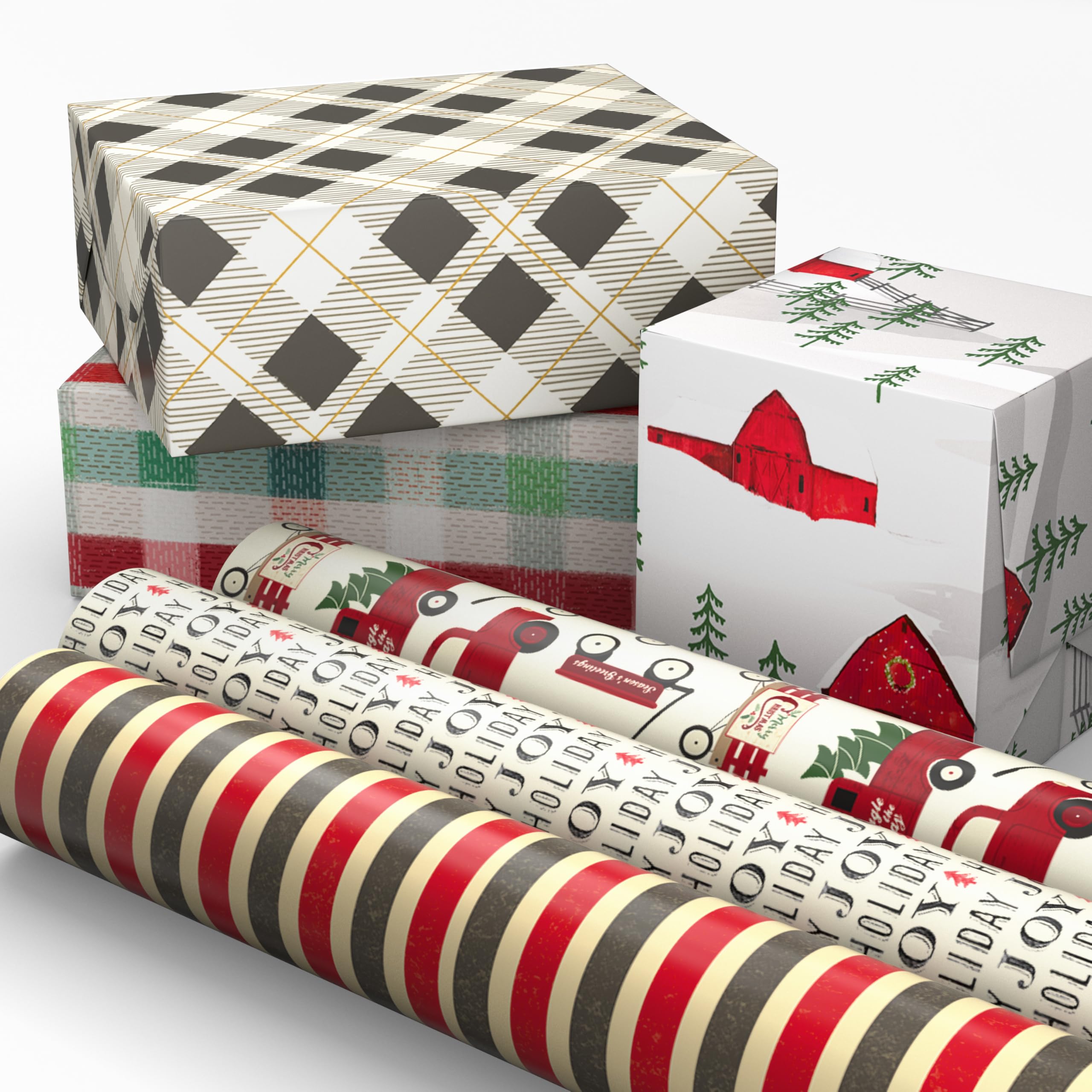 Hallmark Christmas Wrapping Paper Rolls - Rustic Holiday Gift Wrap Set of 6 Rolls (180 sq. ft) with Red Barn, Red Truck, Sled, Black Plaid, Gray & Red Stripes Designs - Perfect for Christmas Presents, Holiday Gifts & Party Decorations
