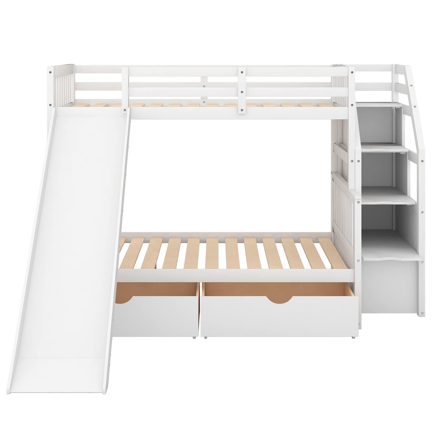 Twin Over Full Bunk Bed with Slide & Storage - White Wooden Bunk Bed for Kids' Bedroom