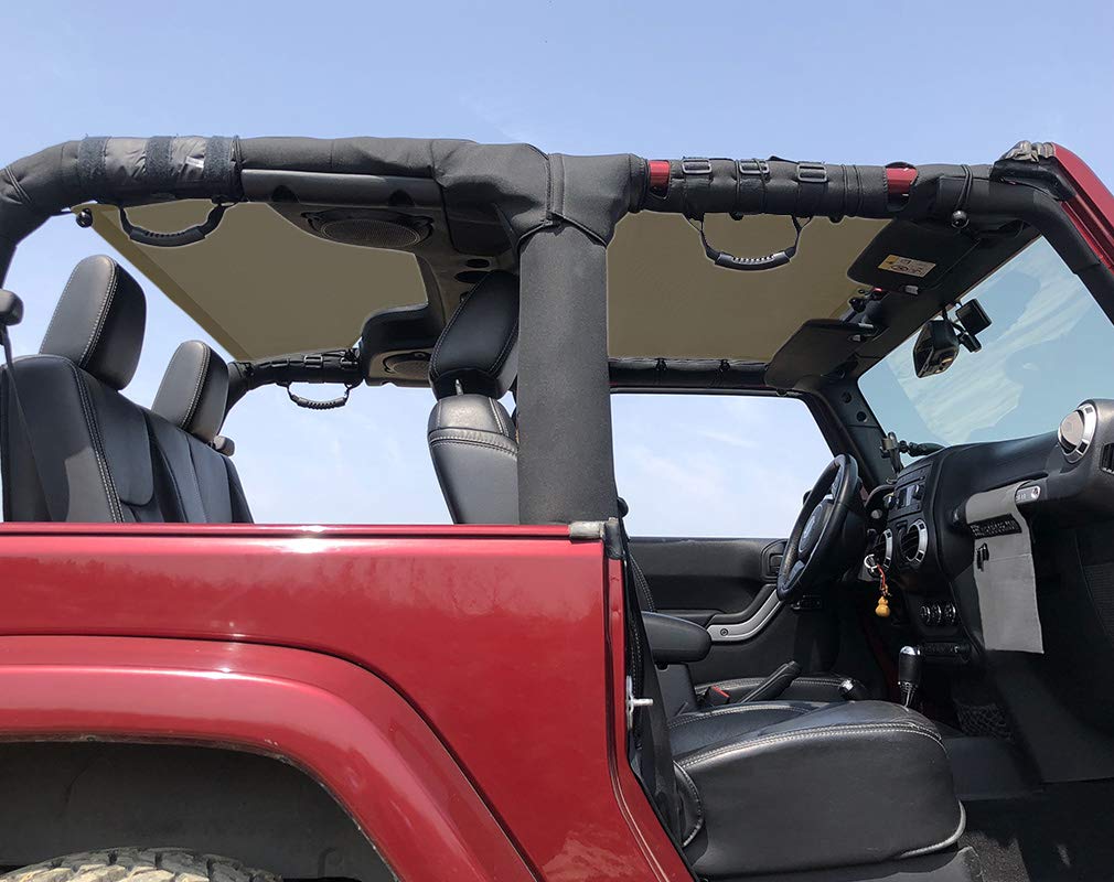Jeep Wrangler JK Sun Shade Top (2007-2018) - Soft Mesh Roof Cover for 2 Door Models | UV Protection & Wind Noise Reduction | Tank Green Color | 10 Year Warranty | Perfect for Off-Roading, Beach Trips & Summer Driving