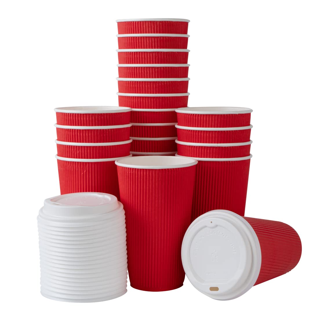 16oz Insulated Coffee Cups with Lids - 20 Pack Leakproof Ripple Wall Hot Cups | Disposable Red Paper Coffee Mugs for Tea, Hot Cocoa & Lattes | Perfect for Restaurants, Cafes & Office Break Rooms