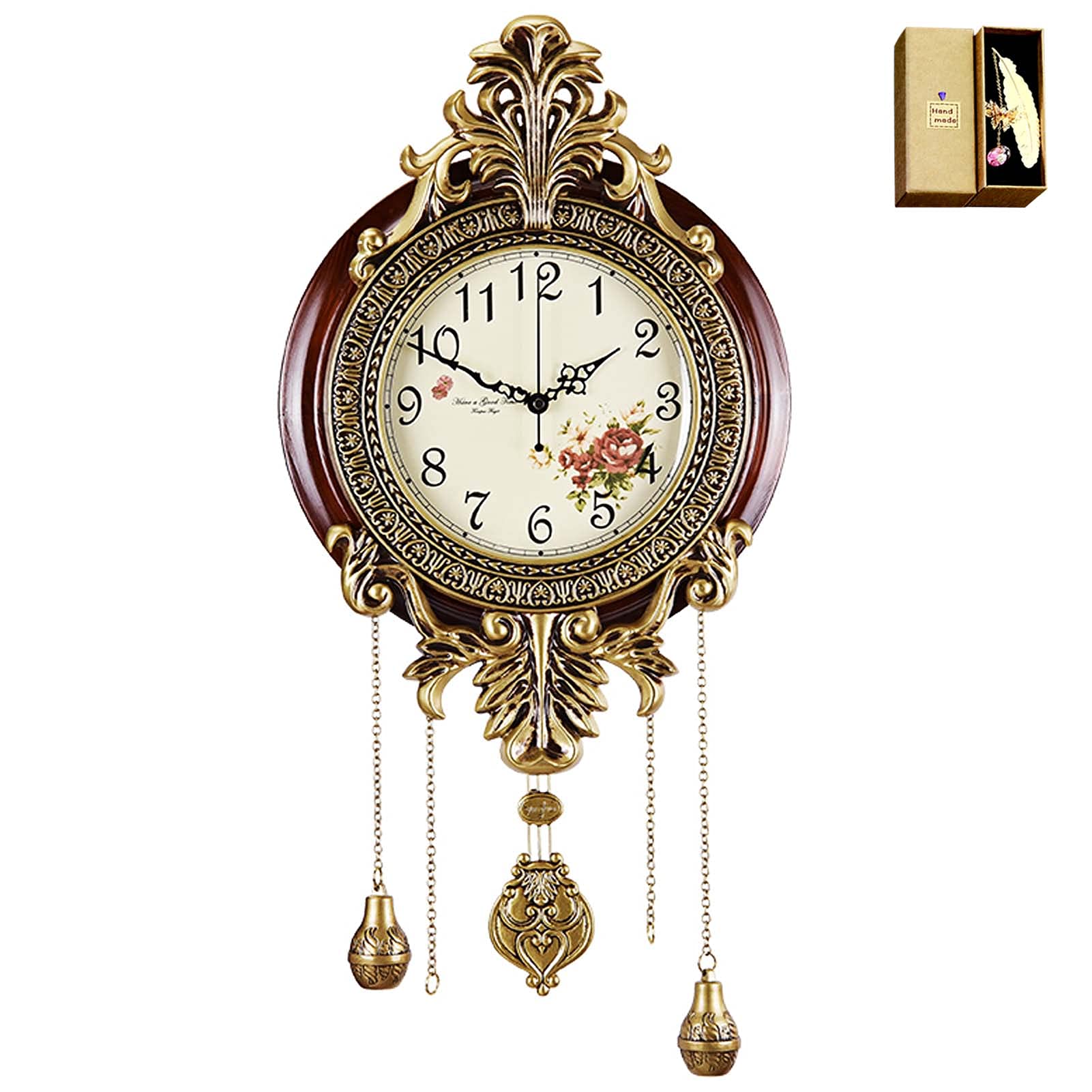 Vintage Pendulum Wall Clock - Battery Operated Metal Pendulum Wall Watch for Living Room, Kitchen, Office - Classic Home Decor & Gift Idea | Perfect for Farmhouse, Retro, or Victorian Style Interiors
