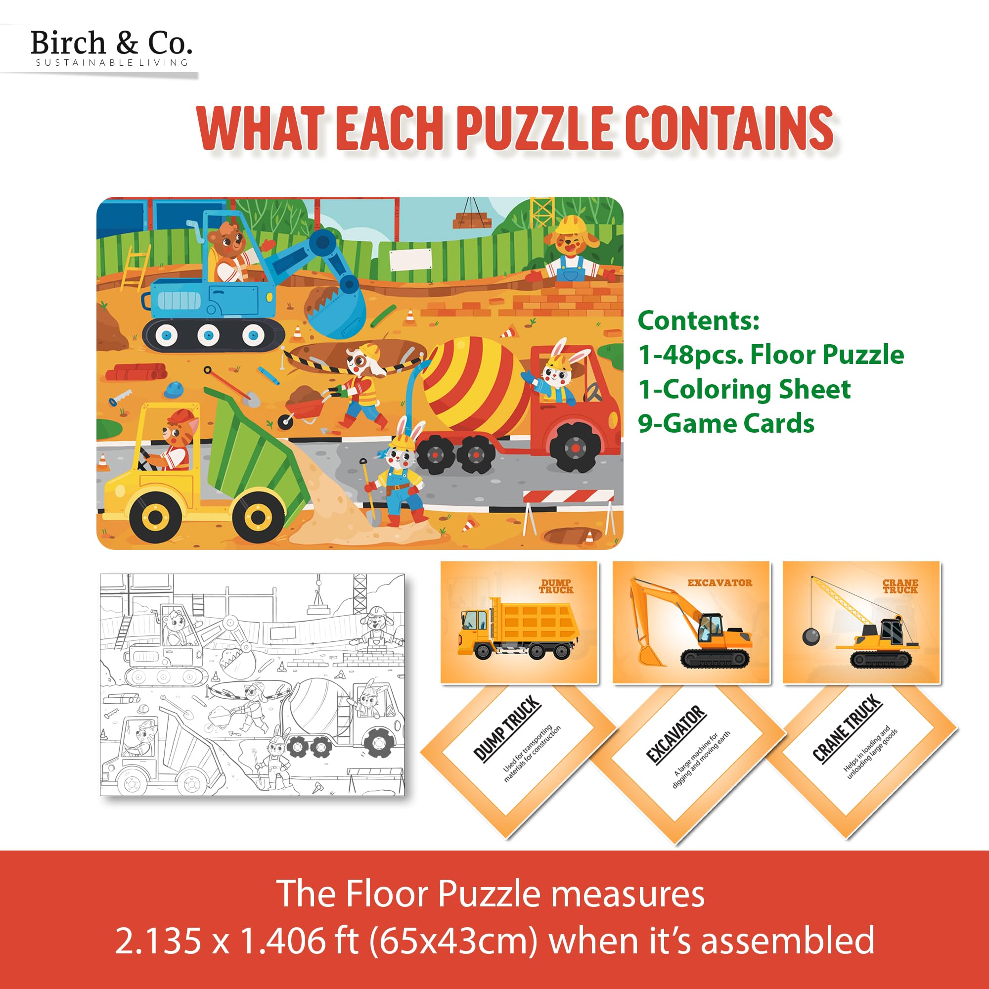 Birch & Co. Construction Theme 48-Piece Jigsaw Puzzle for Kids | Educational Puzzle Game for Children | Perfect for Family Game Night & Preschool Learning Activities