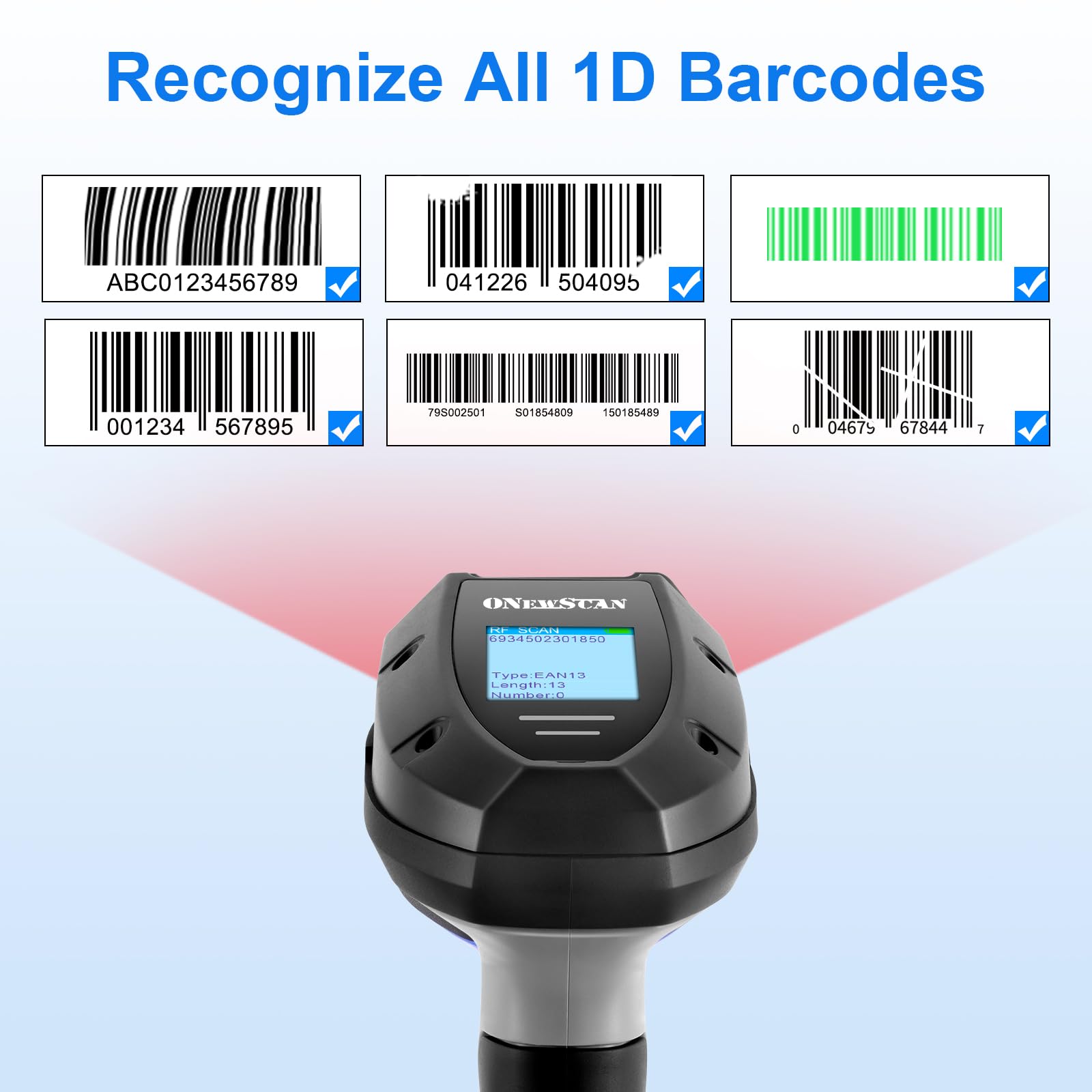 Onewscan Wireless Barcode Scanner - 1D Laser Barcode Reader with Stand, 2.4G Wireless & USB Wired Connection (Plug and Play) - Ideal for Retail Stores, Warehouses, and Inventory Management