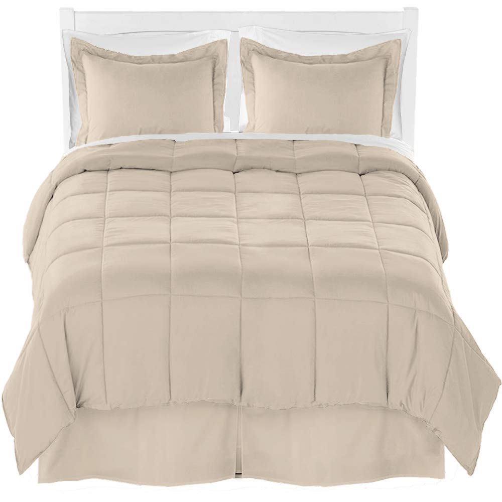 Premium Ultra-Soft Brushed Microfiber Twin Comforter Set with Sheet Set & Bed Skirt - Sand Comforter, White Sheets, Sand Bed Skirt - Perfect for Guest Rooms, Dormitories & Cozy Bedroom Makeovers