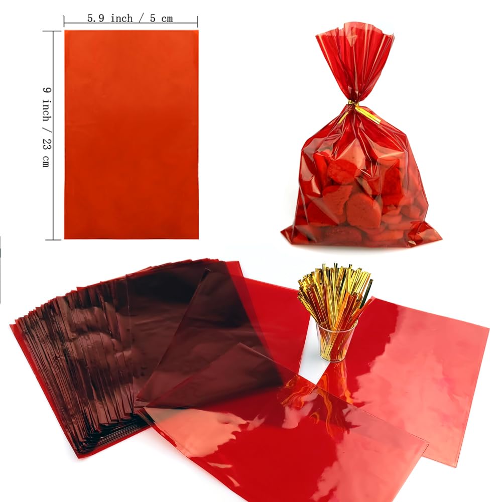 FAZHBARY 100 PCS 6x9 Inch Red Cellophane Gift Bags - Candy Cookie Wrapping Supplies, Party Favors, Wedding Treat Bags, Holiday Goodie Bags for Christmas, Halloween, Birthday Celebrations